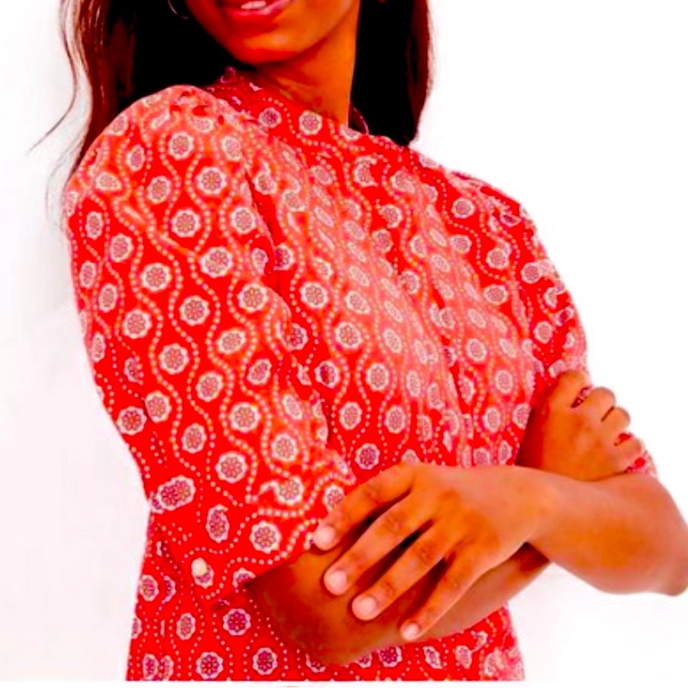 Ann Taylor LOFT Geo Puff Sleeve Red Cotton Blouse